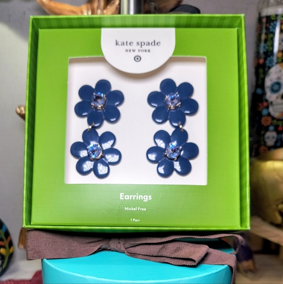 Kate Spade Navy Floral Earrings With Round Gift Box, Giftable - Picture 1 of 2